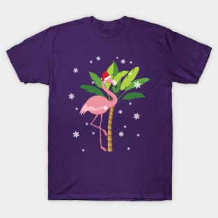 Cute Pink Flamingo Tropical Beach Santa Hat T-Shirt